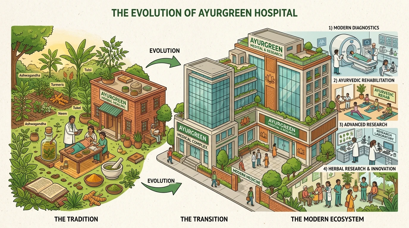 Ayurgreen Heritage Illustration - Evolution from Ayurveda to Modern Healthcare
